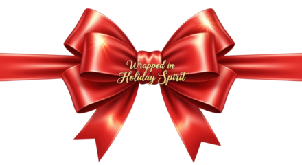 Vibrant red satin holiday bow with gold script text overlay on a transparent background