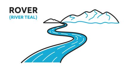 Rover river teal illustration featuring a winding river and mountain range