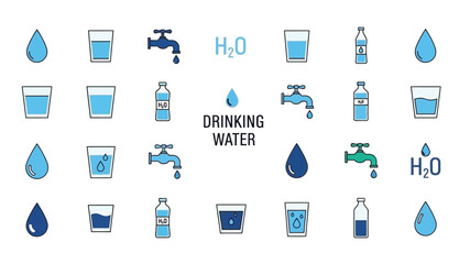 Various illustrations depicting water sources containers and the word drinking water