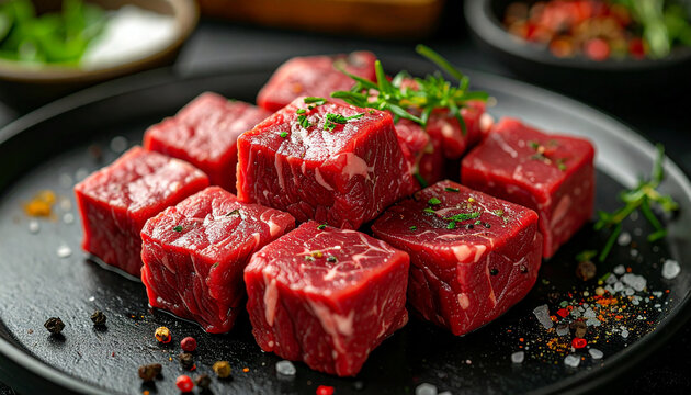 Fresh beef cuts on black plate with herbs and spices, tender cubes ready for cooking or grilling.