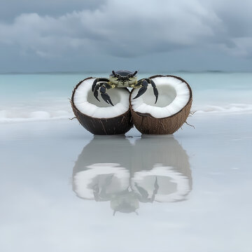 Crab emerging from a halved coconut on a white sand beach, tidepool reflections mirroring the scene. Macro and wide-angle combined for environmental context, no blur on moving subject.