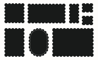 Collection of black silhouetted postage stamp frames with serrated edges