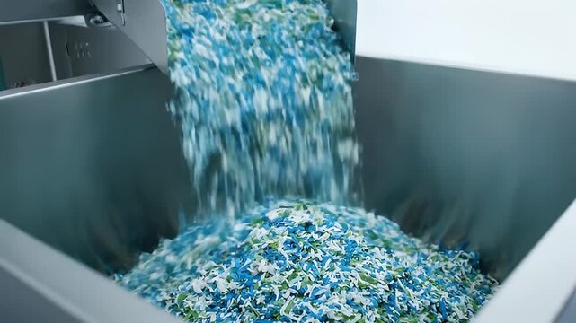 Blue and White Plastic Pellets Pouring Into Industrial Container in Bright