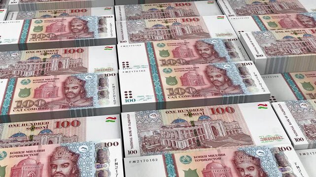 Tajikistan 100 Somoni Banknote Horizontal 3D Animation ? Financial Money Flow, Business and Banking Economy, Currency Exchange and Investment Concept