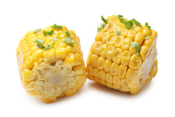 Pieces of tasty corn cob with parsley isolated on white