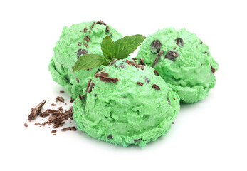 Balls of mint chocolate chip ice cream with leaves isolated on white