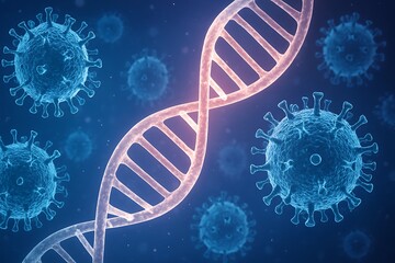 Dna helix intertwined with microscopic virus particles in a blue scientific background
