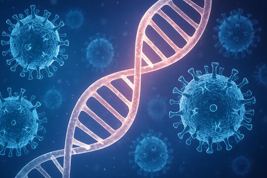 Dna helix intertwined with microscopic virus particles in a blue scientific background - Powered by Adobe
