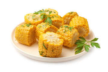 Pieces of boiled corncobs with parsley isolated on white