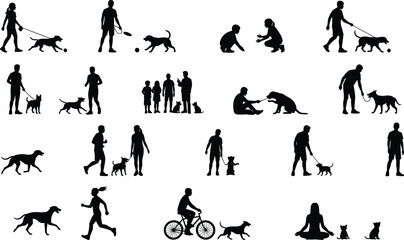People and Pets Silhouette Set: Walking, Running, Playing, Training, and Bonding with Dogs and Cats in Various Daily Activities Vector
