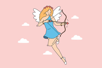 Charming angelic maiden soaring beneath pink sky holding bow and arrow