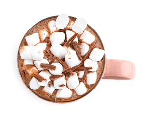 Hot cocoa with marshmallows and chocolate shavings in cup isolated on white, top view