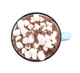 Hot cocoa with marshmallows and chocolate shavings in cup isolated on white, top view