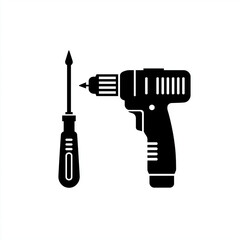 Power Drill and Manual Screwdriver Tools Silhouette Icon Set