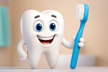 Happy cartoon tooth character holding a blue toothbrush for dental hygiene
