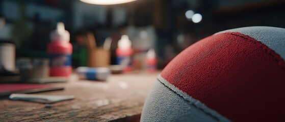 Rugby Ball in Workshop: A close-up shot of a classic rugby ball resting on a workbench within a vintage workshop, with tools and materials subtly blurred in the background.