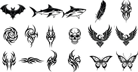 Tribal tattoo vector set, black abstract symbols, animal and flame motifs, butterfly, skull, eagle, shark, tribal art icons