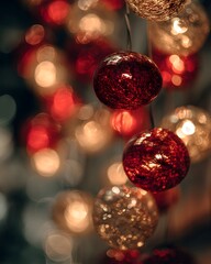 Luxurious festive bokeh lights in red and gold with glowing decorative spheres creating a soft abstract Christmas aesthetic