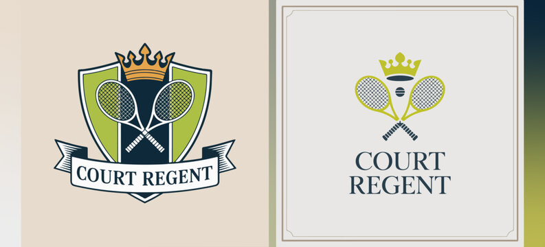 Court Regent shield crest with crown and crossed rackets; elegant tennis logo set for clubs, leagues, tournaments and premium sports branding