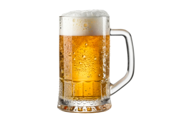 Cold refreshing mug of golden beer with dense foam and condensation perfect for beverage advertising and refreshment themes