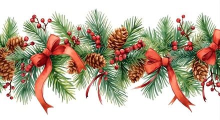 Festive christmas garland with pinecones and red ribbons