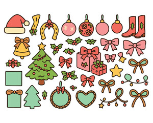 Vector set of Christmas, New Year, and winter holiday icons: Santa, tree, gift box, bell, candy, snowman, and snowflake symbols for decoration and design