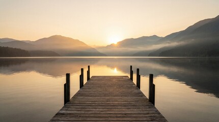 Obraz premium Serene wooden dock extending into calm lake waters at sunrise with misty mountains in the background