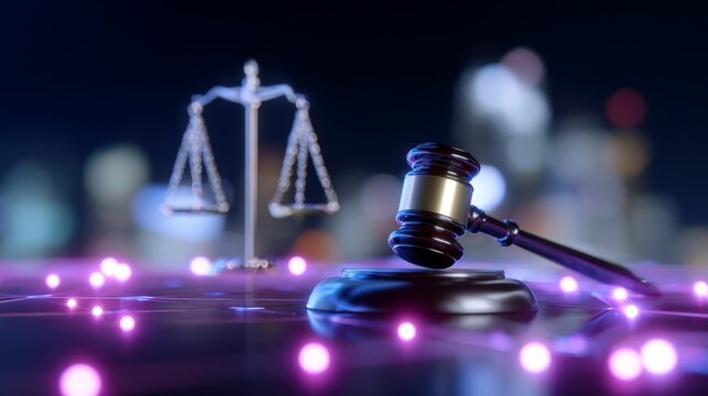 Legal system concept with gavel and scales of justice on digital background for law and technology design