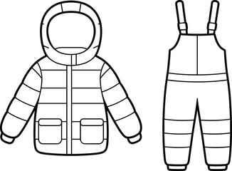 Winter clothing line art, kids puffer jacket and overalls, insulated outfit illustration, cold weather fashion, vector sketch, seasonal apparel