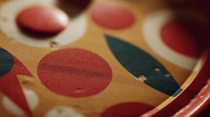 Geometric Harmony: A vibrant, close-up study of a wooden children's toy, showcasing a dynamic interplay of red, blue, and cream circles and arcs.