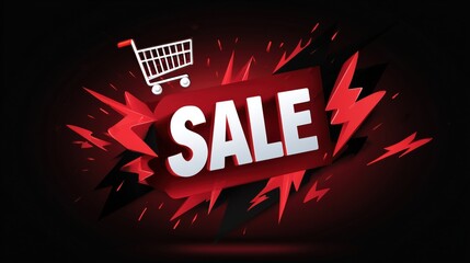 Bright red sale sign with lightning effects in a shopping cart for special promotion event. Concept of Black Monday
