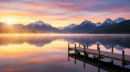 Serene sunrise over calm lake with snow-capped mountains and wooden dock reflection