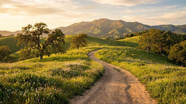 A winding dirt path through a lush green valley with wildflowers leading towards rolling hills and distant mountains under a golden sunset sky