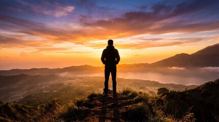 Silhouette of a person standing on a hilltop at sunset overlooking a valley with mountains and clouds