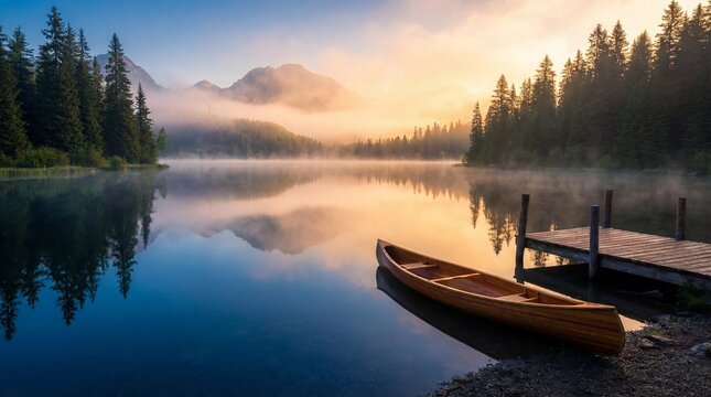 Serene lake at sunrise with misty mountains and a wooden canoe on the shore - Powered by Adobe