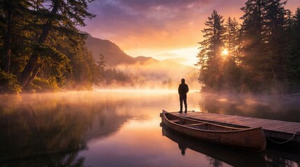 Serene sunrise over misty lake with wooden dock and canoe surrounded by evergreen forest