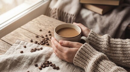 Cozy morning with a warm cup of coffee and scattered coffee beans on a wooden table