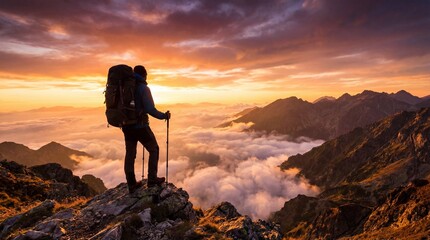 Hiker standing on rocky mountain peak at sunrise with breathtaking view of clouds and distant mountains