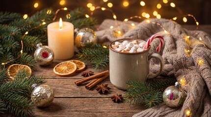 Cozy winter scene with a mug of hot cocoa topped with marshmallows and candy cane, surrounded by pine branches, ornaments, dried orange slices, cinnamon sticks, star anise, and twinkling lights