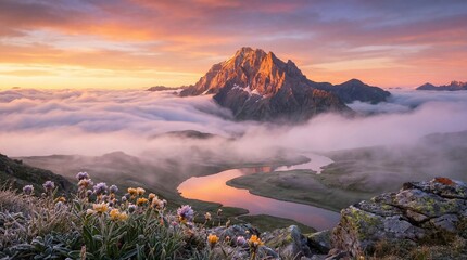 Majestic mountain peak rising above a sea of clouds at sunrise with a winding river below and colorful wildflowers in the foreground