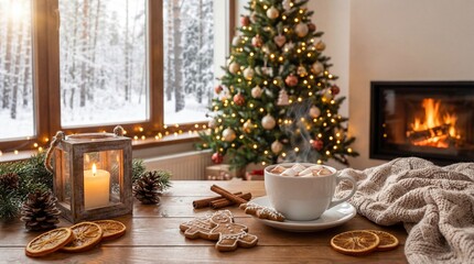 Cozy Christmas scene with decorated tree, lit candle, hot drink, and winter view through the window