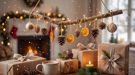 Cozy Christmas scene with wrapped gifts, pinecones, dried orange slices, and twinkling lights on a rustic branch