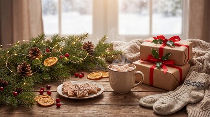 Cozy Christmas scene with festive decorations, gifts, cookies, and a warm drink by the window