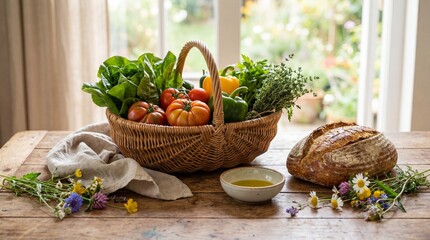 Rustic wooden table with fresh vegetables in a wicker basket, loaf of bread, and wildflowers