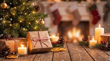Cozy Christmas scene with lit candles, wrapped gifts, and a decorated tree in front of a fireplace