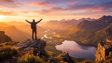 A hiker stands on a rocky cliff at sunset with arms outstretched, overlooking a winding river and vast mountain landscape