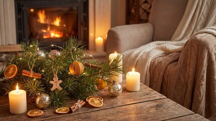 Cozy living room with lit fireplace, festive pine arrangement adorned with ornaments and candles on wooden table