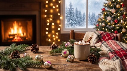 Cozy winter scene with a warm fireplace, decorated Christmas tree, and hot drink on a wooden table
