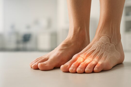 Foot arthritis pain shown through subtle glow at forefoot joints with realistic anatomical overlay on both feet in blurred medical interior forming clear clinical scene with minimal structure