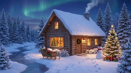 Cozy log cabin in a snowy forest with twinkling Christmas lights and northern lights overhead